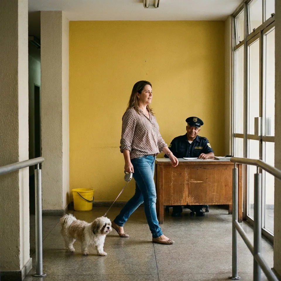 Moradora atravessa o hall do prédio com um cachorro pequeno na guia, sob o olhar do porteiro