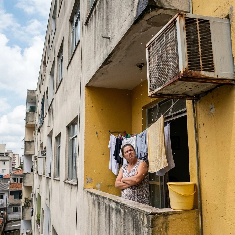 Moradora na varanda olha para cima, irritada com a água do ar-condicionado de cima pingando na roupa