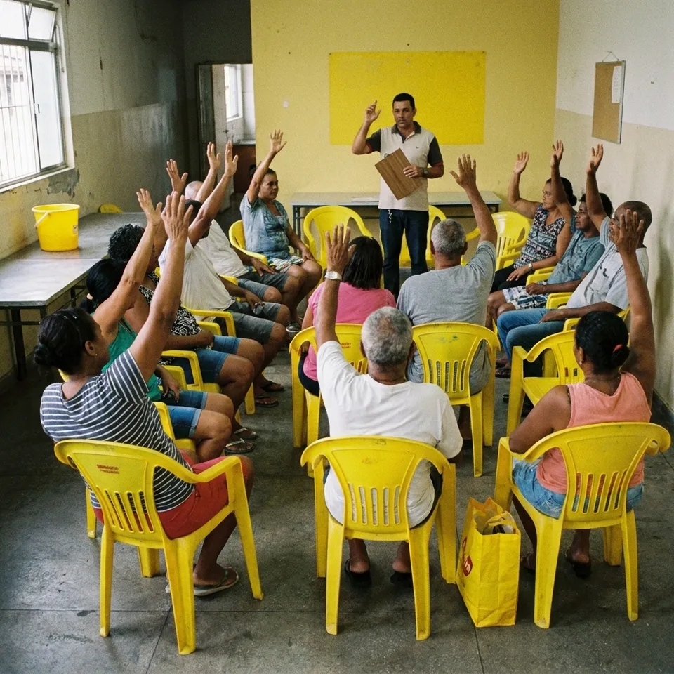 Moradores levantam a mão numa votação de assembleia no salão de festas