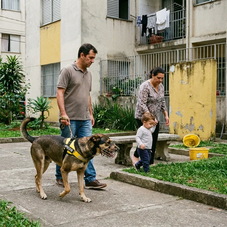 Homem passeia com cachorro grande de focinheira na área comum enquanto uma mãe se afasta com a criança