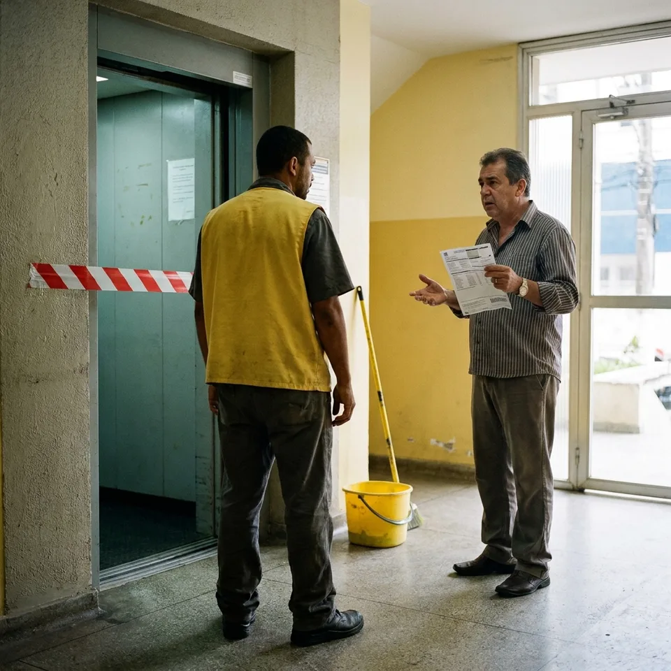 Técnico de elevador e síndico diante do elevador parado no hall