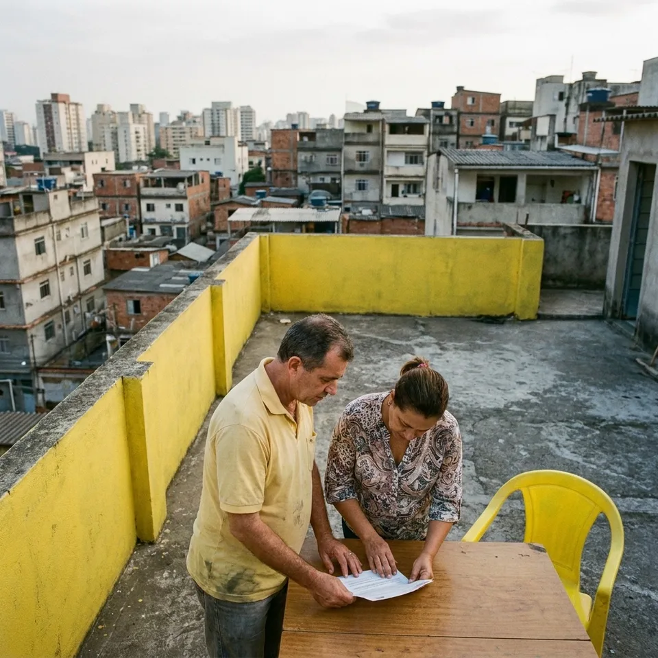 Síndico e moradora analisam a conta de luz no terraço do prédio