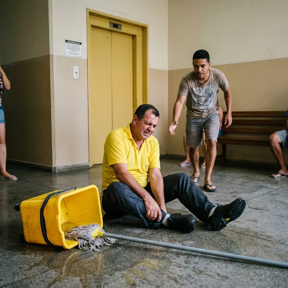 Funcionário da limpeza caído no hall molhado segura o tornozelo enquanto um morador socorre