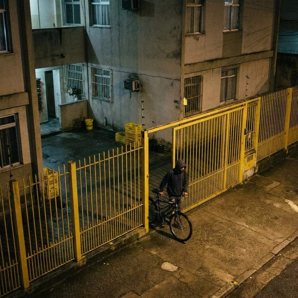 Homem abre portão com chave de fenda, entra em condomínio e sai pedalando com bicicleta de R$ 3 mil