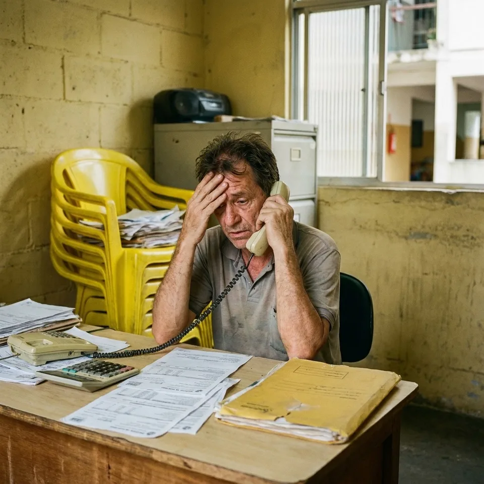 Síndico ao telefone na mesa cheia de boletos e uma calculadora