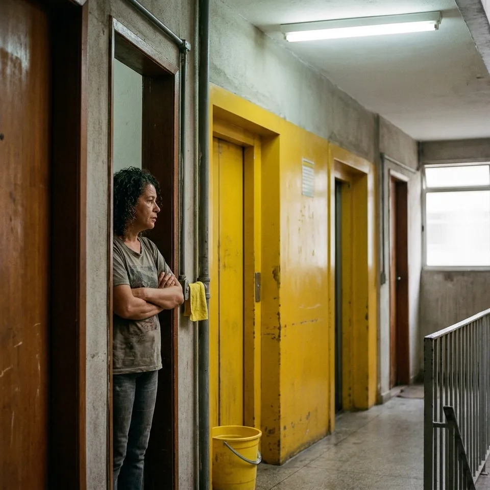 Moradora do térreo de braços cruzados ao lado do elevador