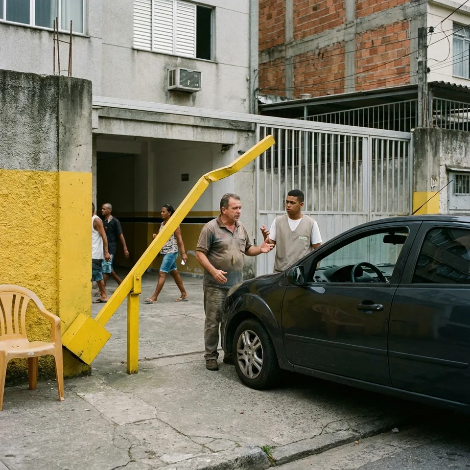 Motorista de aplicativo e porteiro discutem ao lado da cancela amassada
