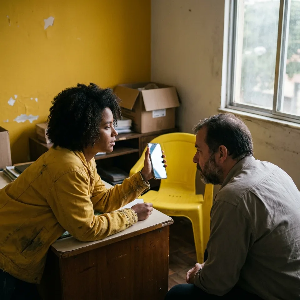 Moradora mostra a conversa do celular a uma advogada