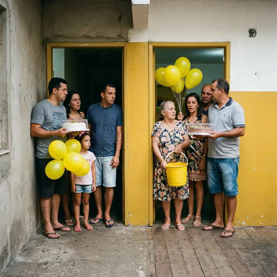 Duas famílias chegam ao mesmo tempo no salão de festas com bolos e balões