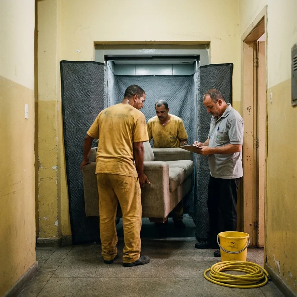 Carregadores levam um sofá para o elevador durante uma mudança