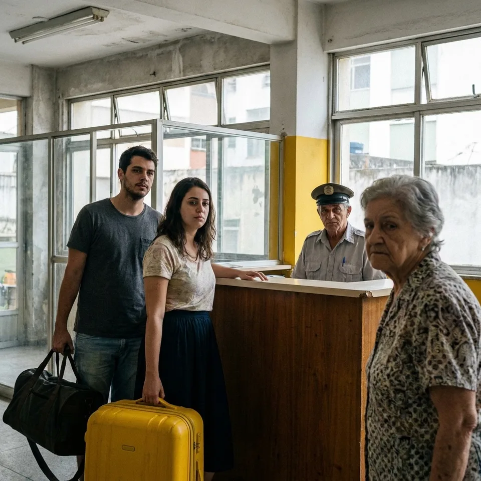 Casal de turistas com malas na portaria sob o olhar desconfiado do porteiro