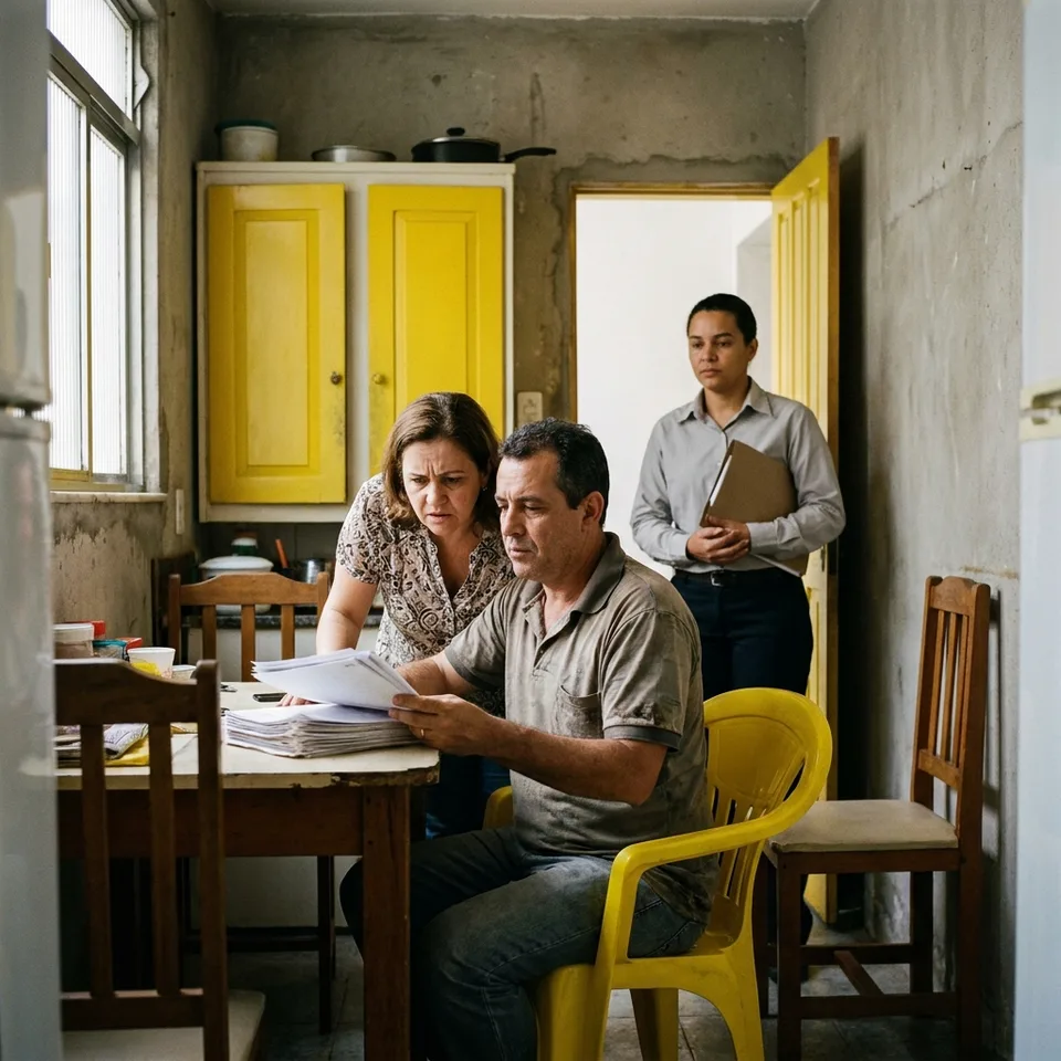 Casal à mesa da cozinha de um apartamento lendo os papéis de um imóvel, com o corretor à porta