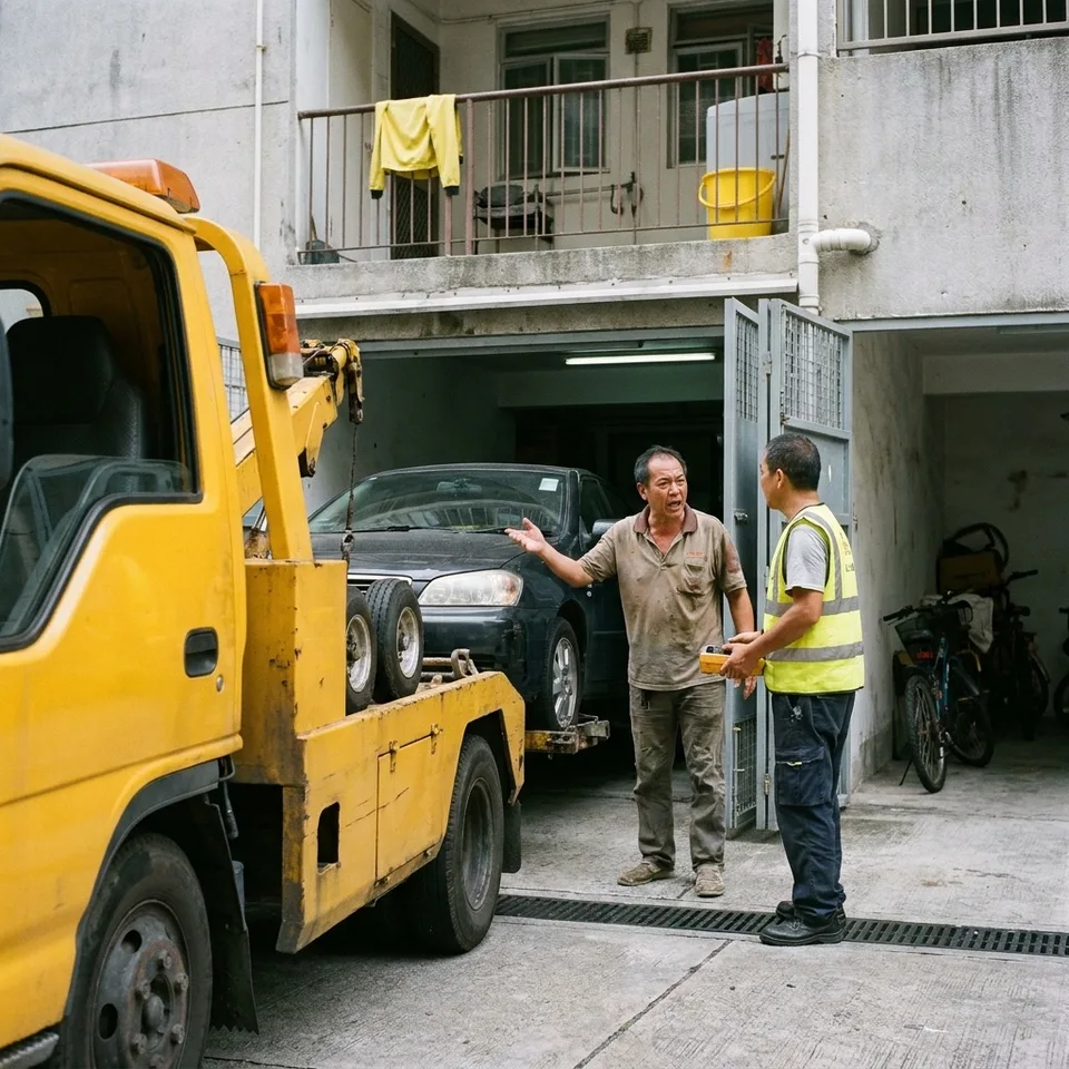 Guincho retira um carro da vaga na garagem enquanto um morador discute