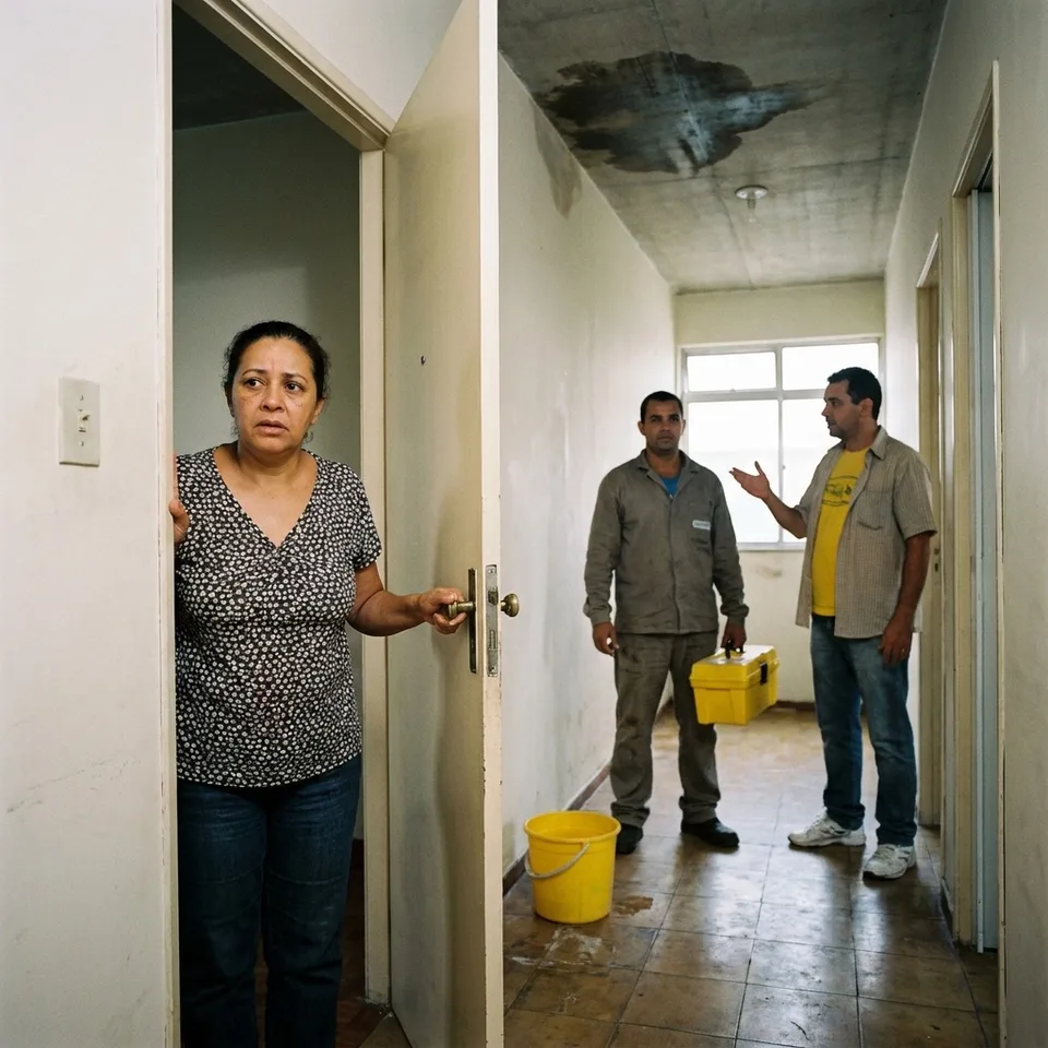 Moradora hesita em deixar o vizinho e o encanador entrarem no apartamento
